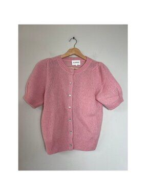 NEW W.Cashmere Button Up Rib Details Short Sleeve Cardigan Pink